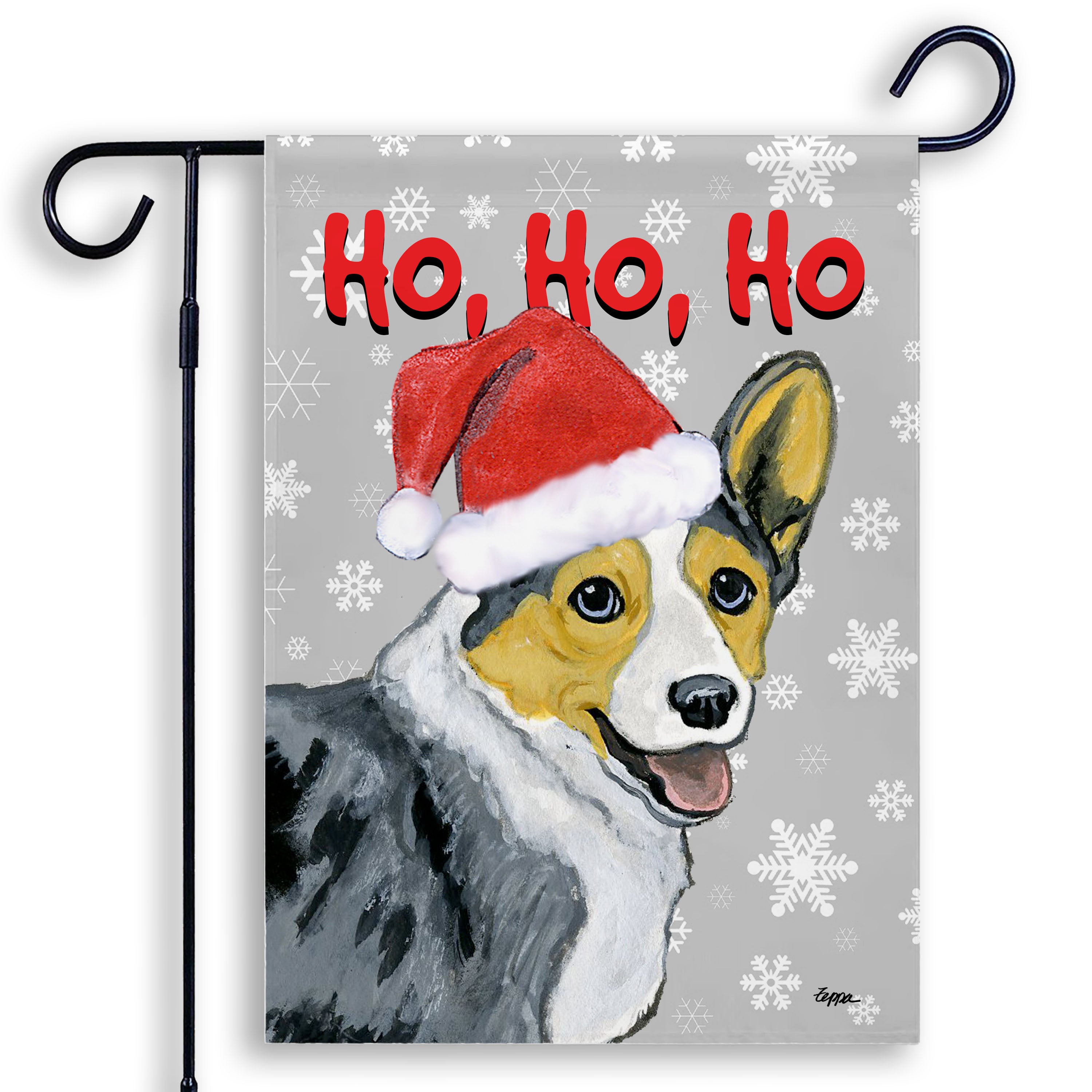 Blue Merle Cardigan Welsh Corgi Ho Ho Ho Garden Flag in Grey