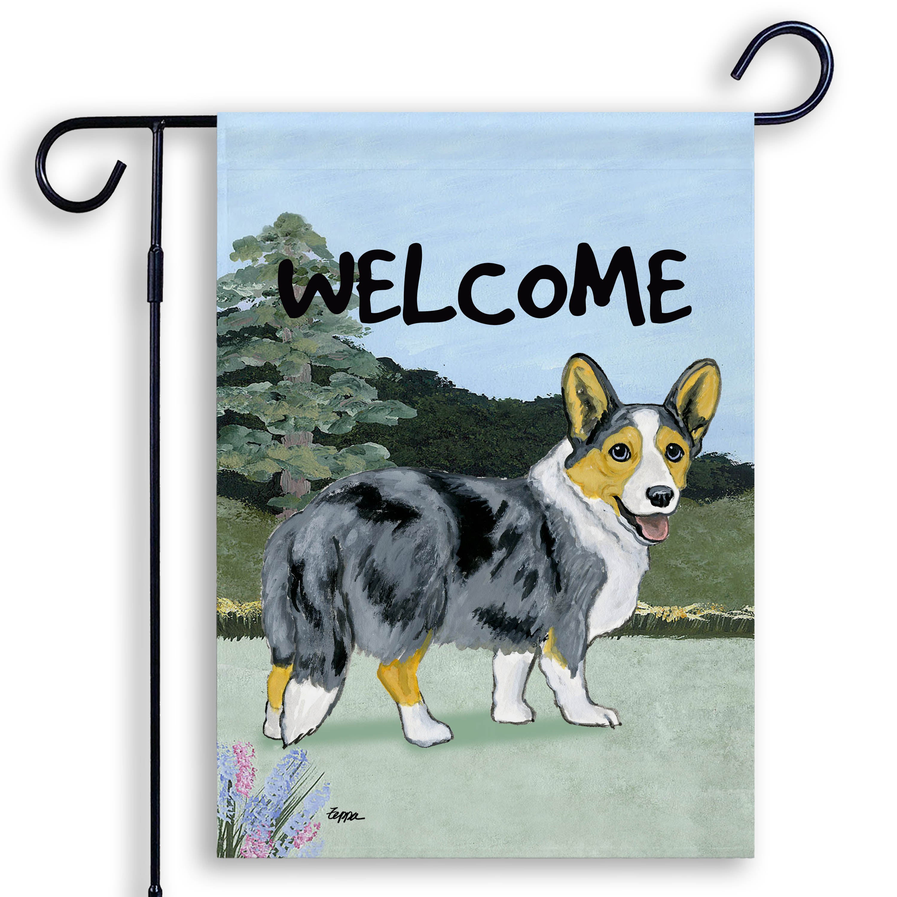 Blue Merle Cardigan Welsh Corgi in the yard Welcome garden flag.