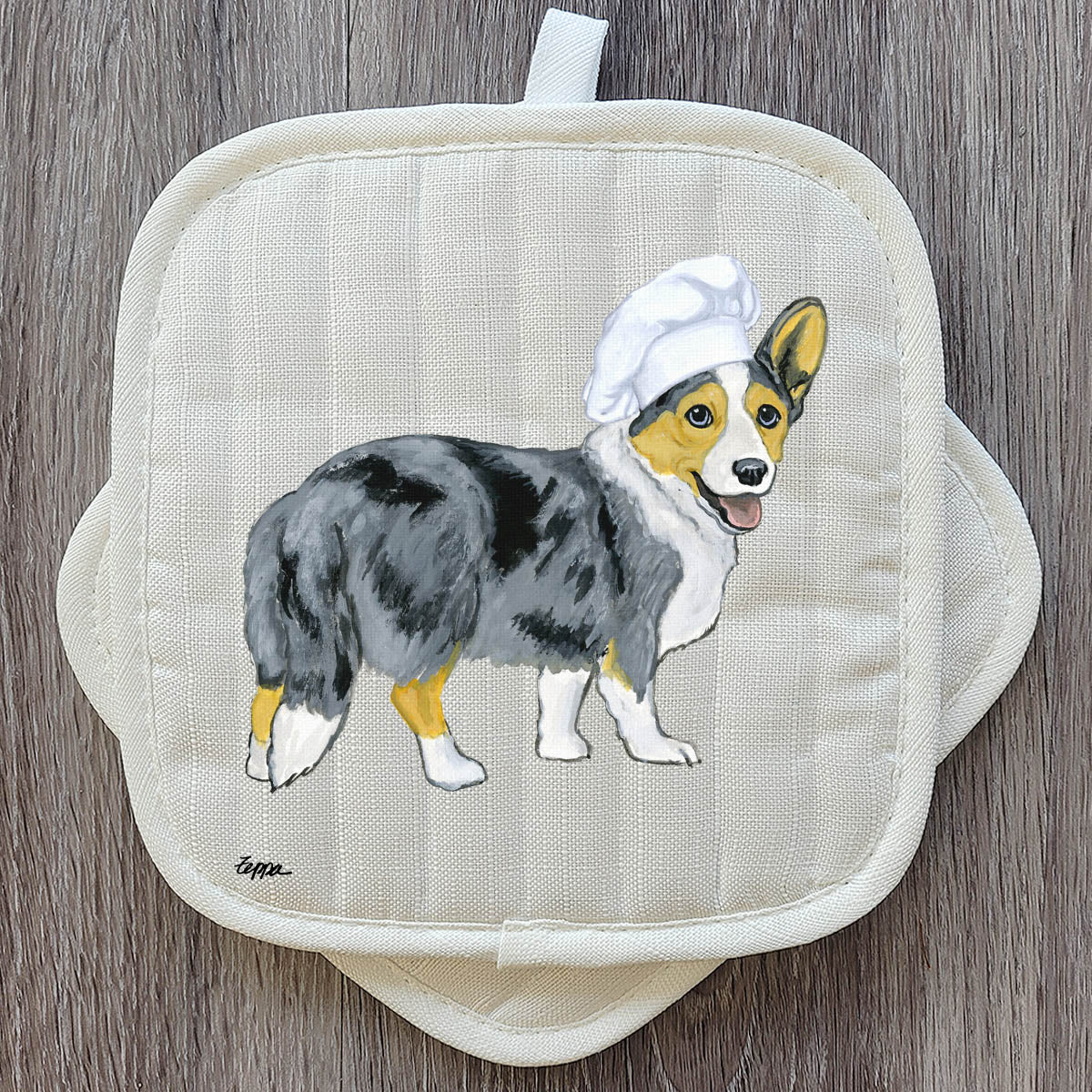 Blue Merle Cardigan Welsh Corgi design in a chef's hat on a set of pot holders