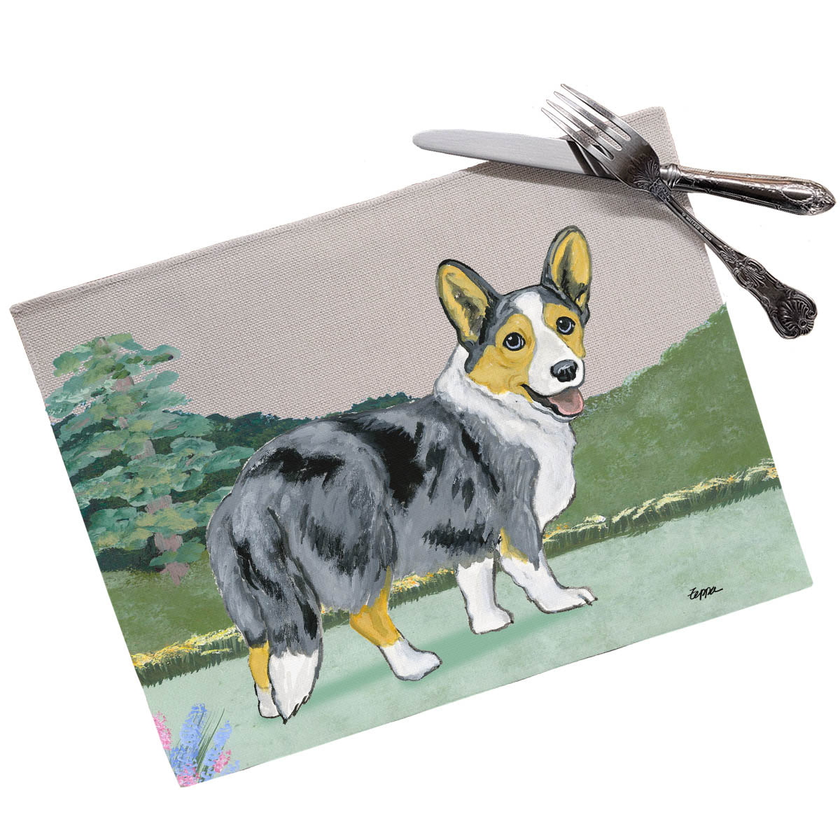 Blue Merle Welsh Corgi Cardigan design on a set of linen placemats.