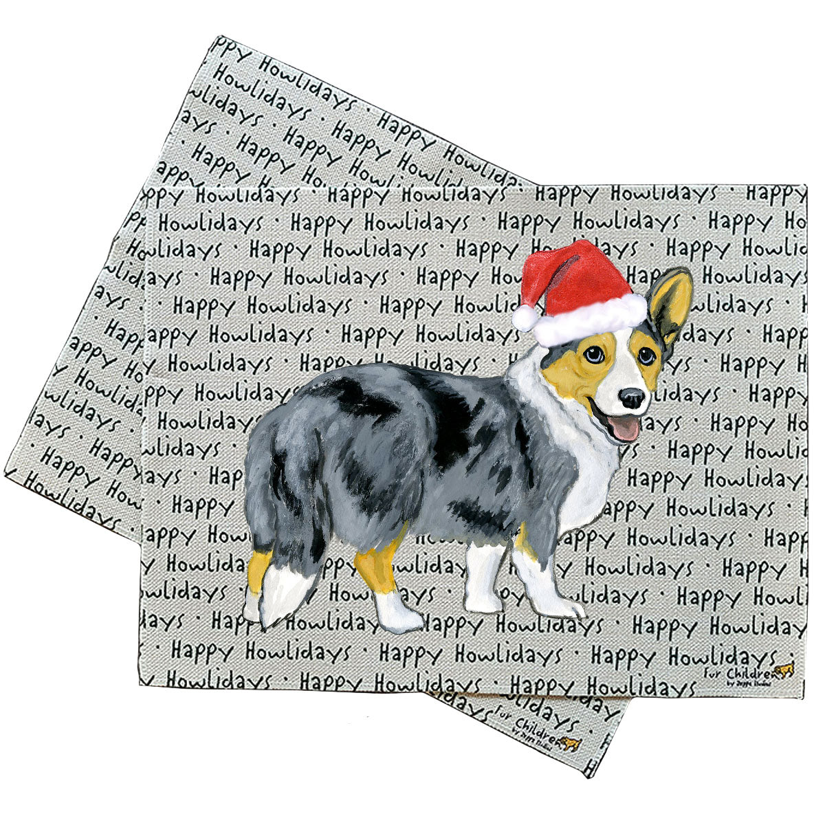 Blue Merle Cardigan Welsh Corgi in a Santa hat on linen happy howlidays placemats.