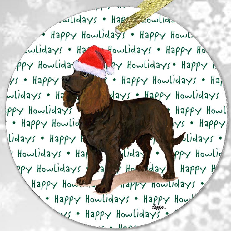 American Water Spaniel Glass Christmas Ornament - Happy Howl-iday