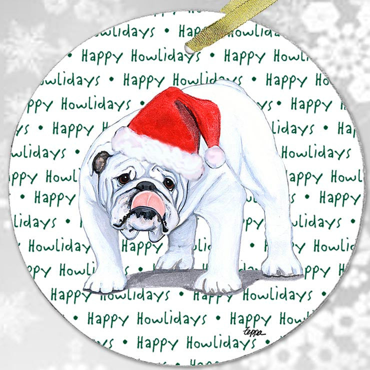 White Bulldog Christmas Ornament - Happy Howlidays