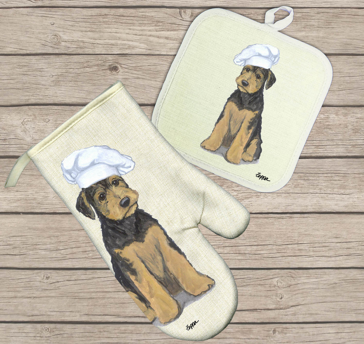 Airedale Puppy Hot Paws Oven Mitt and Pot Holder Set