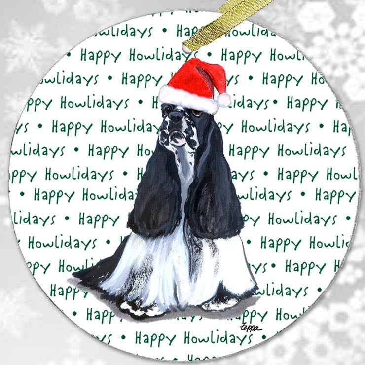 Black and White (Parti Color) Cocker Spaniel Glass Christmas Ornament - Happy Howlidays