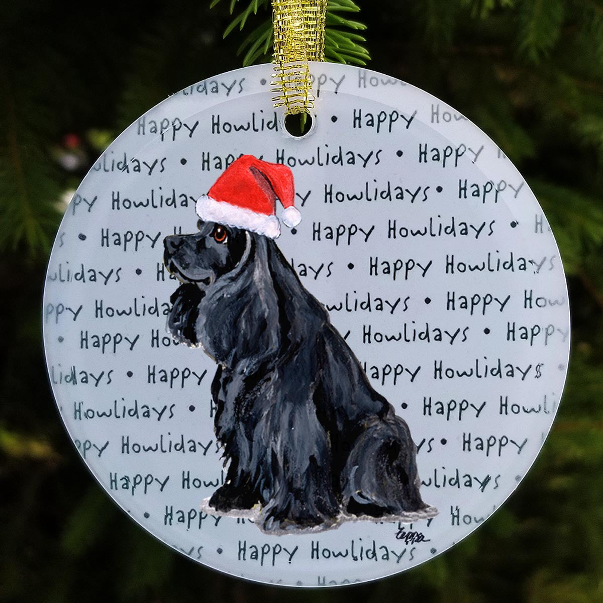 Black Cocker Spaniel Glass Christmas Ornament - Happy Howlidays