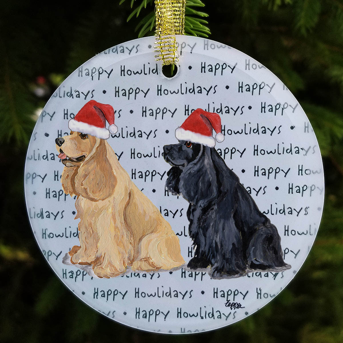 Cocker Spaniel Pair Glass Christmas Ornament - Happy Howlidays