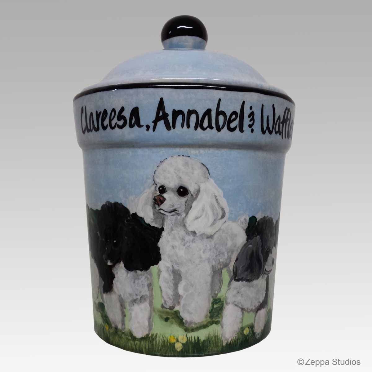 Custom Hand Painted Ceramic Canister with Three Toy Poodles.