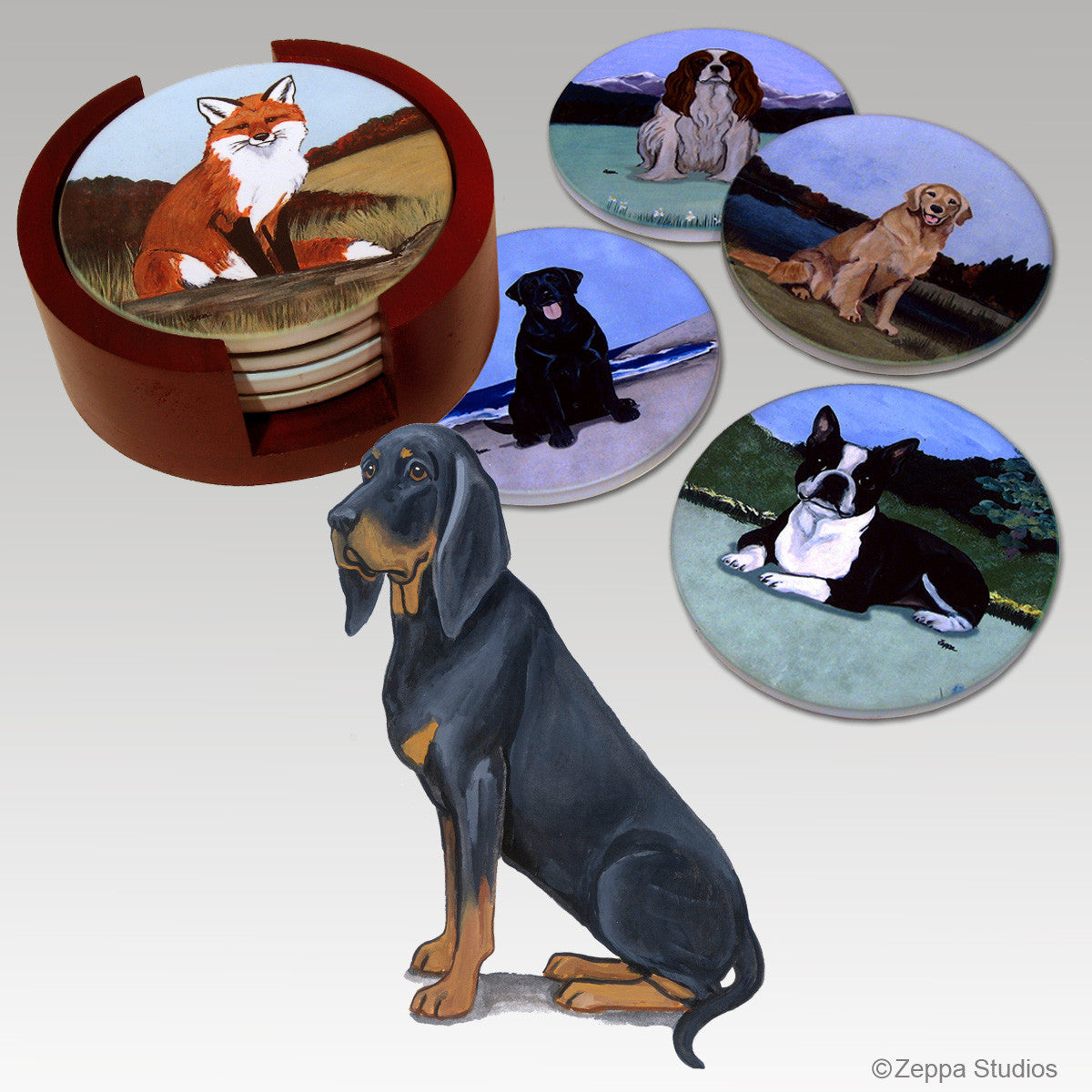 Black and Tan Coonhound Bisque Coaster Set