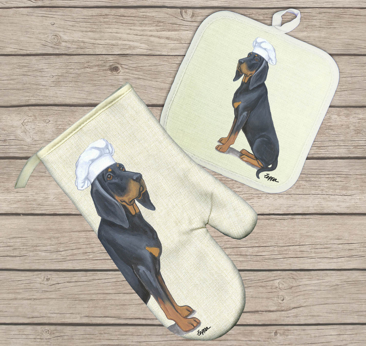 Black and Tan Coonhound Oven Mitt and Pot Holder Set
