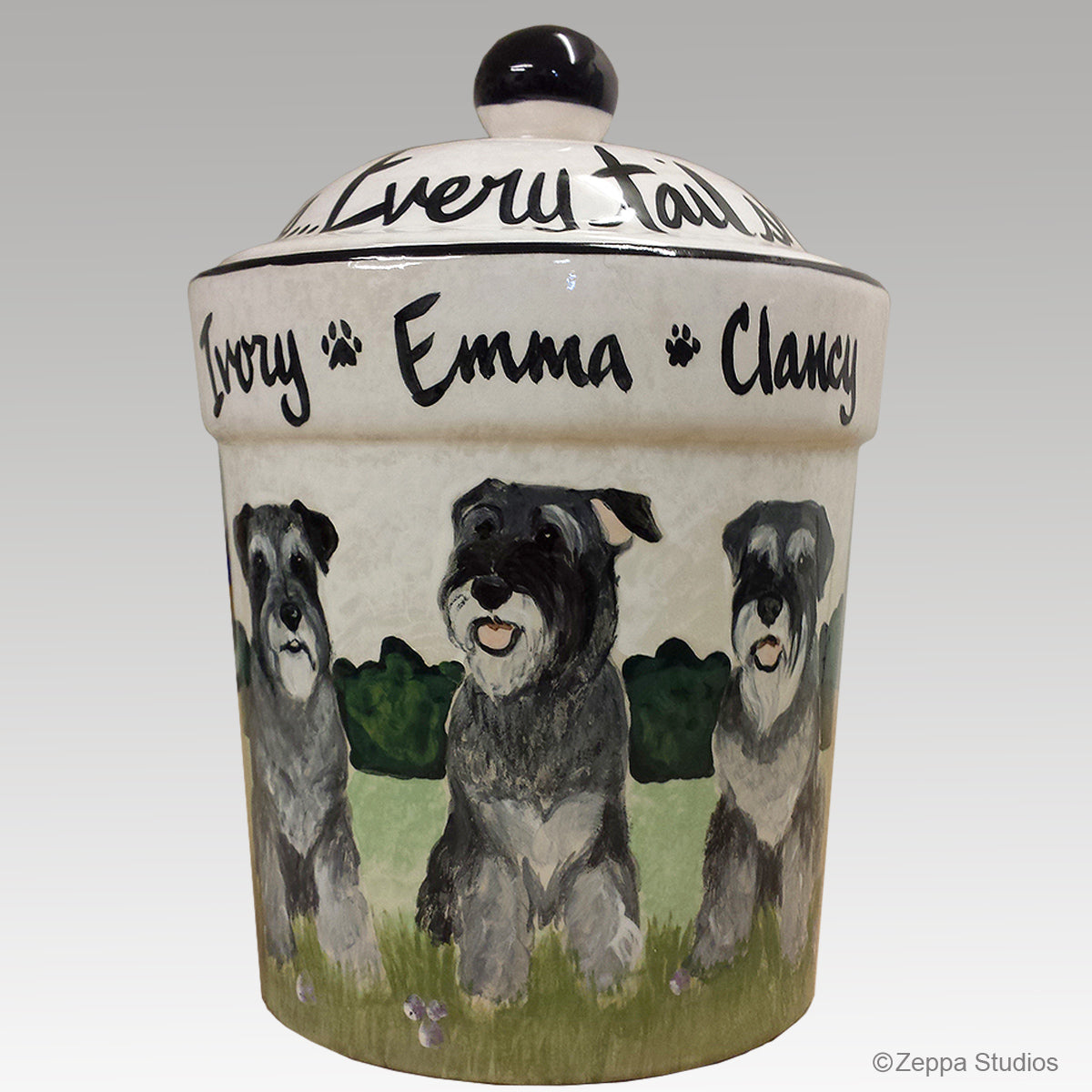 Three Schnauzers hand painted on a ceramic treat jar by Zeppa Studios