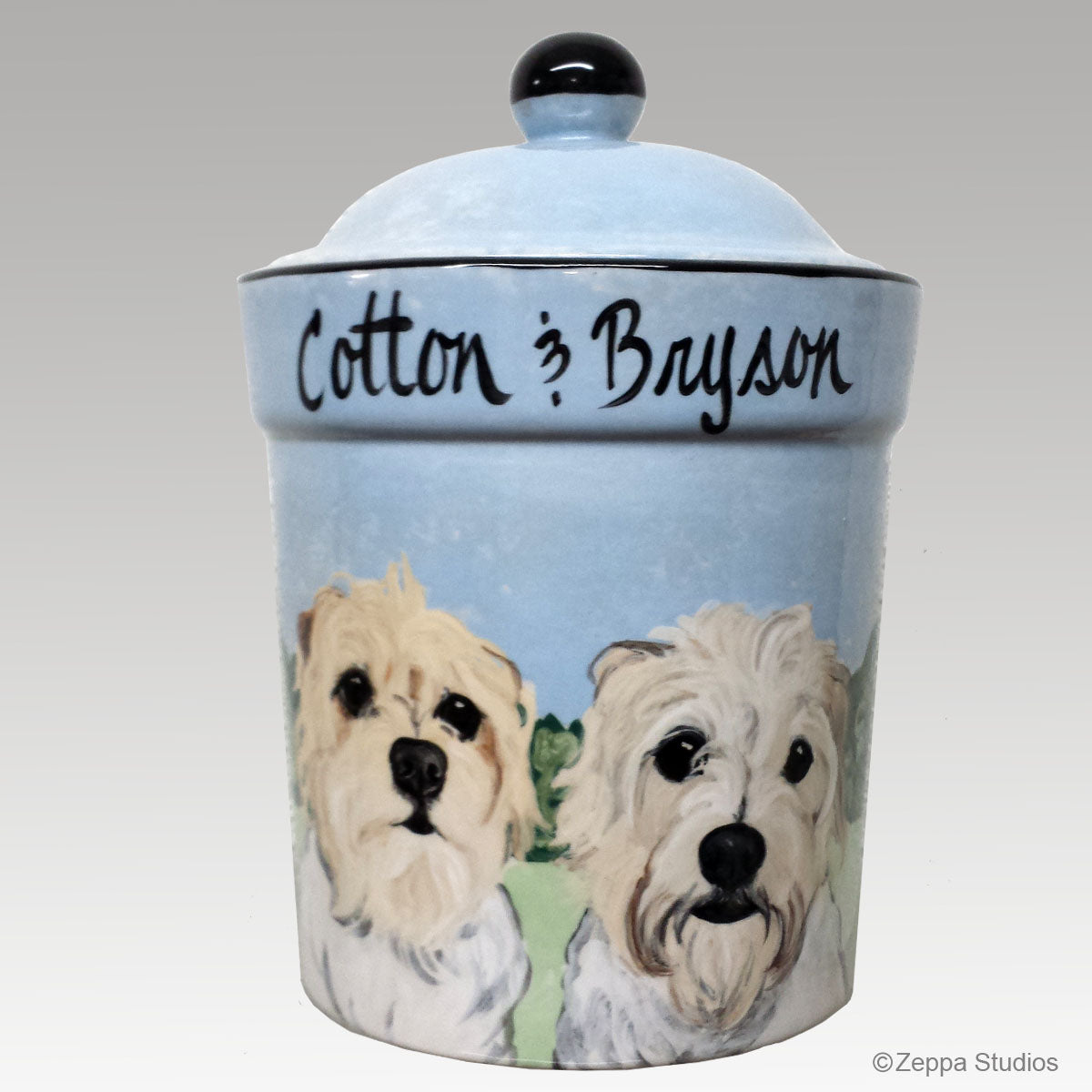 Custom Hand Painted Ceramic Treat Jar, Cotton & Bryson by Zeppa Studios