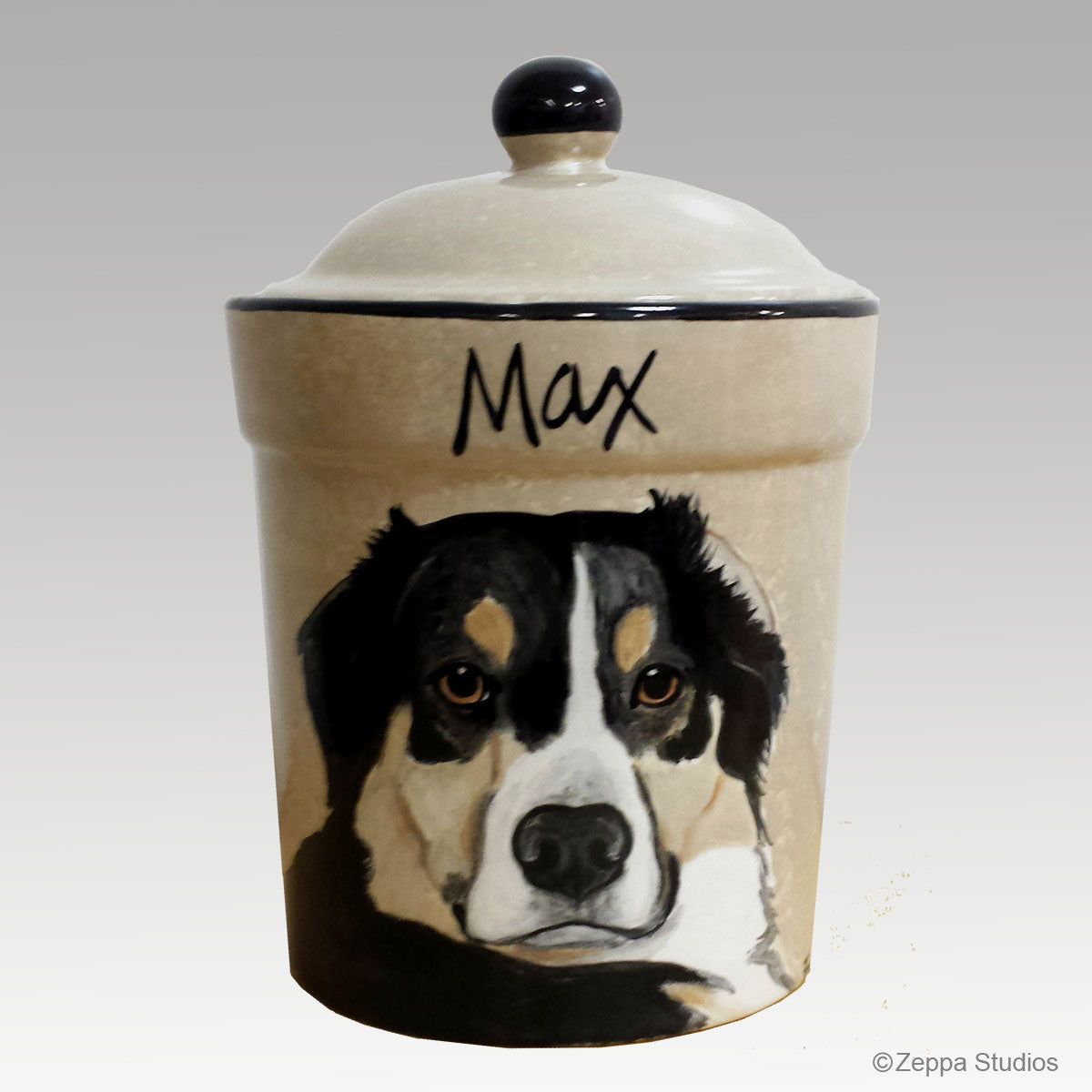 Custom Hand Painted Ceramic Treat Jar, "Max" by Zeppa Studios