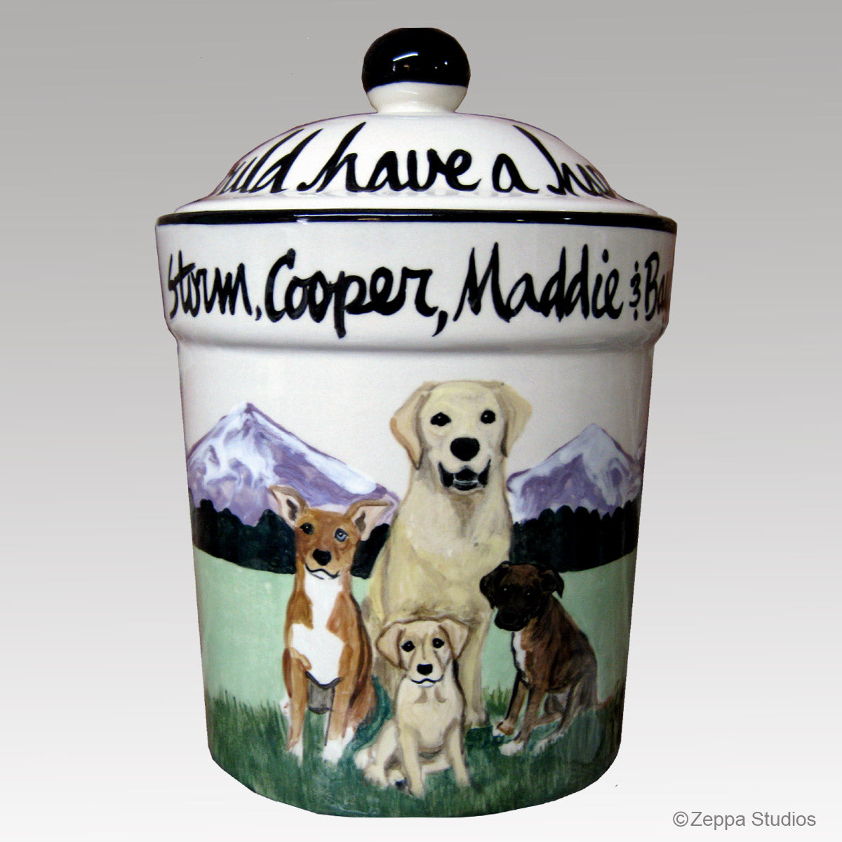 Four Dog Custom Hand Painted Treat Jar by Zeppa Studios