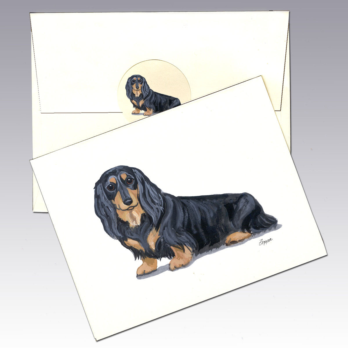 Long Haired Black and Tan Dachshund Note Cards