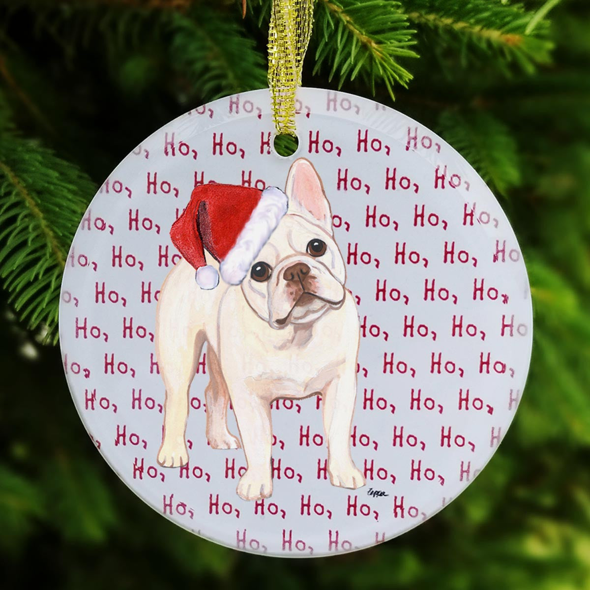 Cream French Bulldog Ho Ho Ho Christmas Ornament