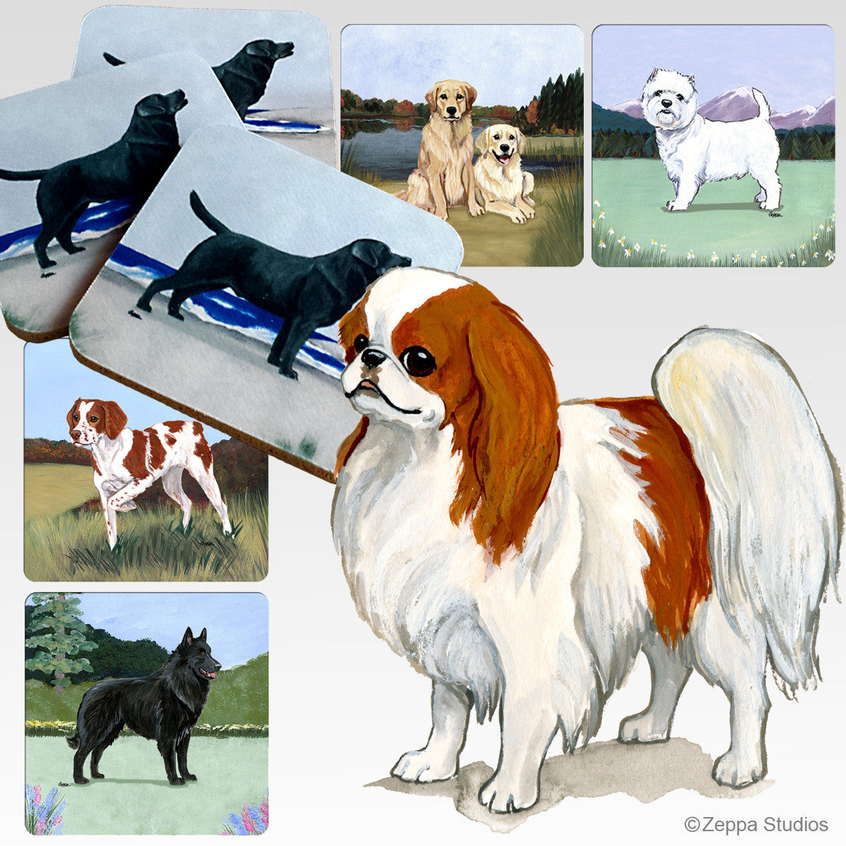 Red & White Japanese Chin Scenic Coasters