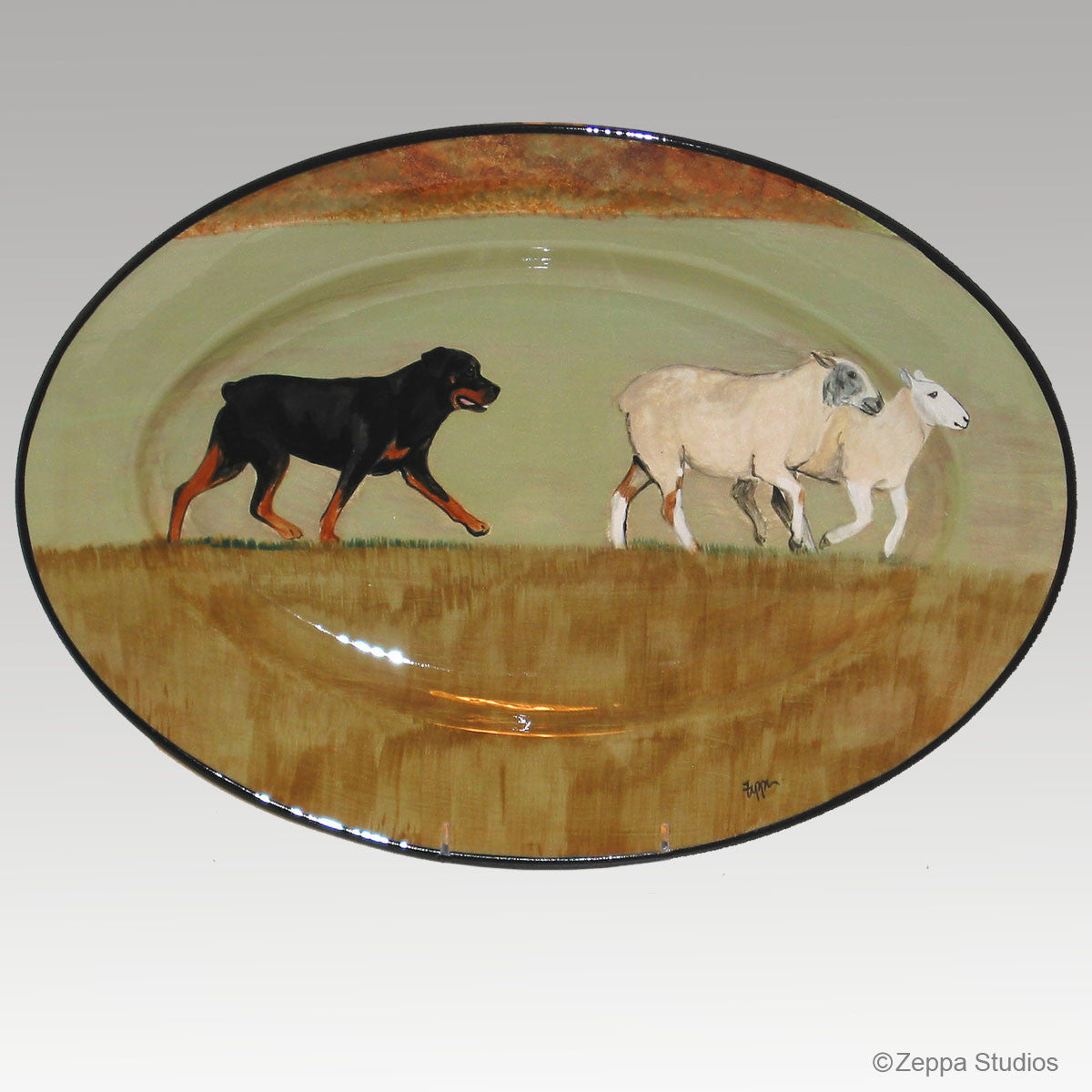 Gallery Style Hand Painted Rim Platter, Rottweiler herding Sheep