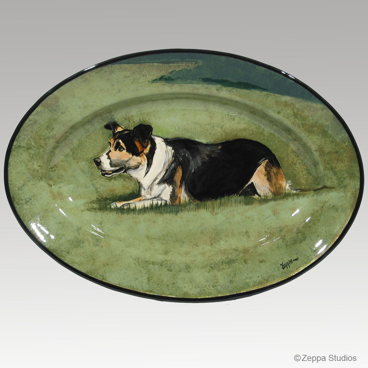 Gallery Style Hand Painted Rim Platter, Border Collie
