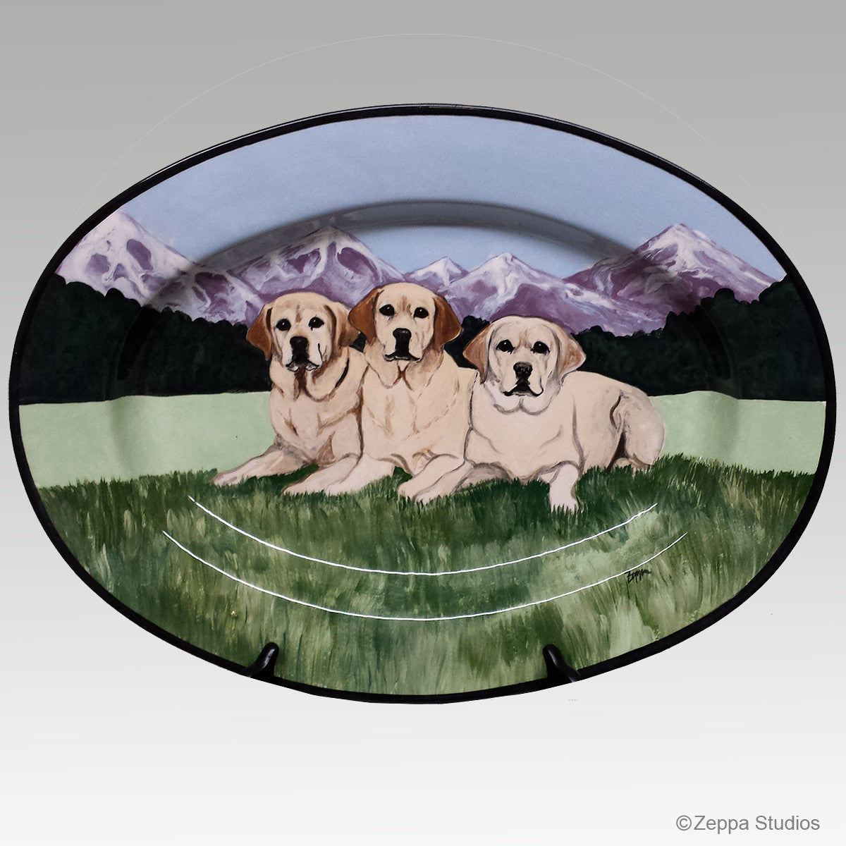 Gallery Style Hand Painted Rim Platter, Three Yellow Labs