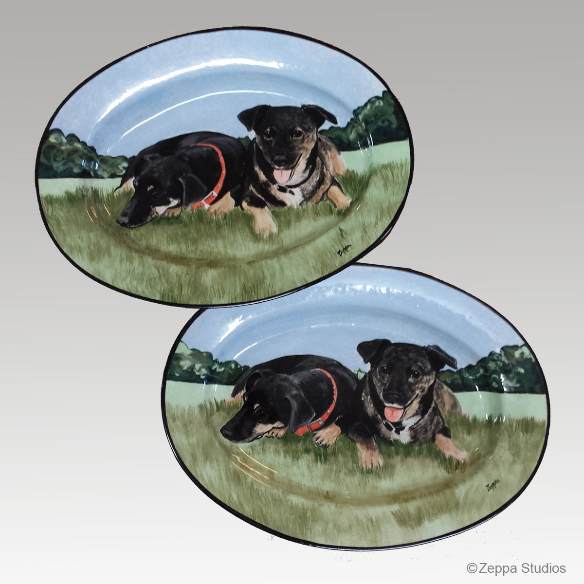Two "Matching" Hand Painted Pet Portrait  Rim Platters