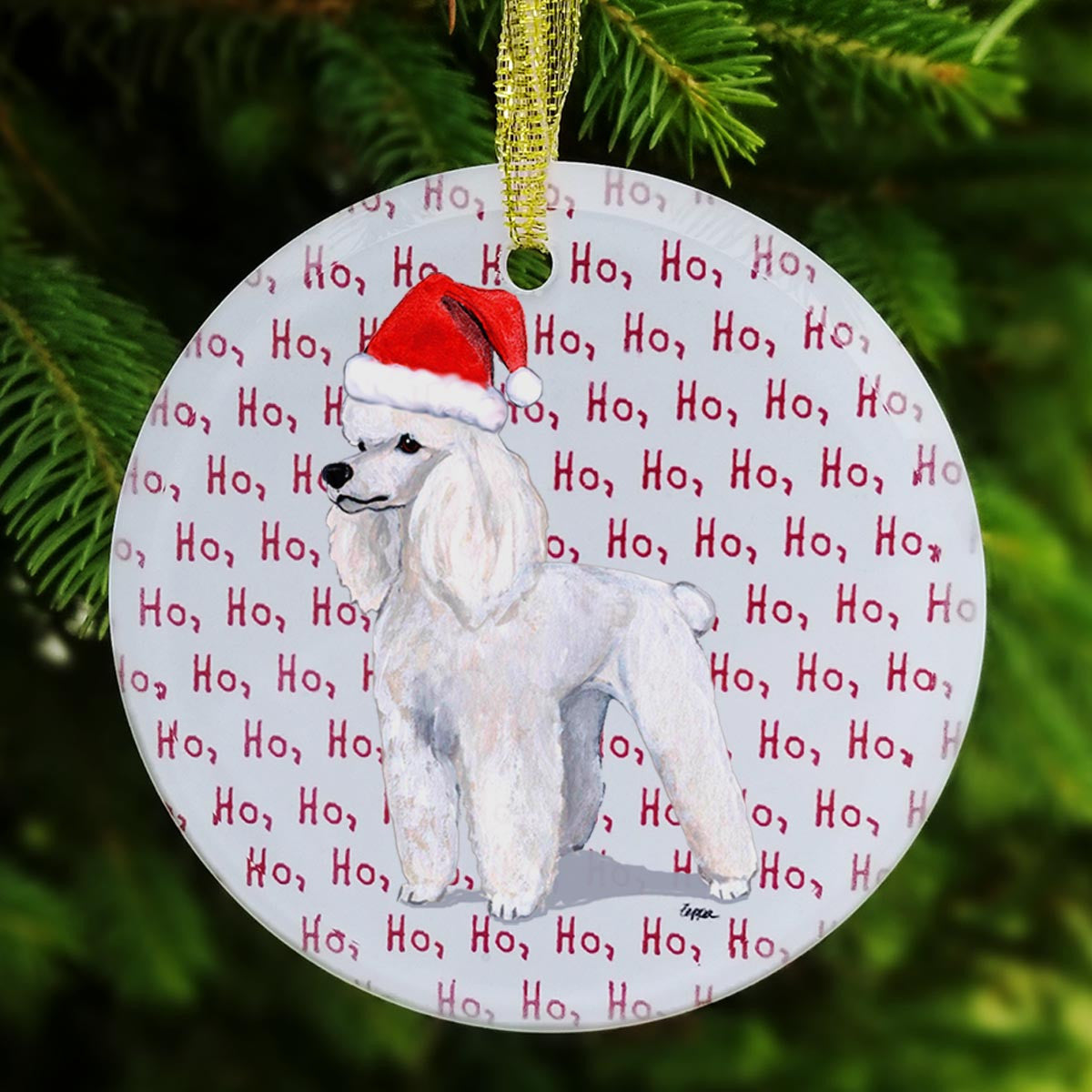 White Poodle Ho Ho Ho Christmas Ornament