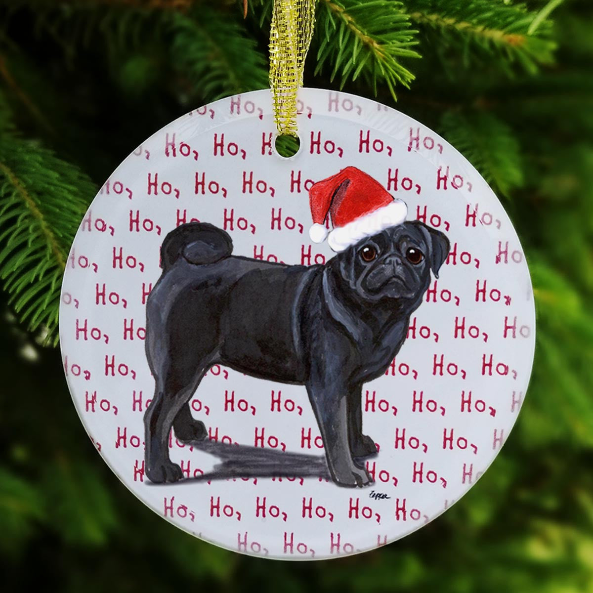 Black Pug Ho Ho Ho Ornament