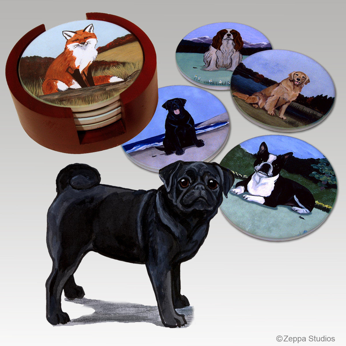 Black Pug Bisque Coaster Set