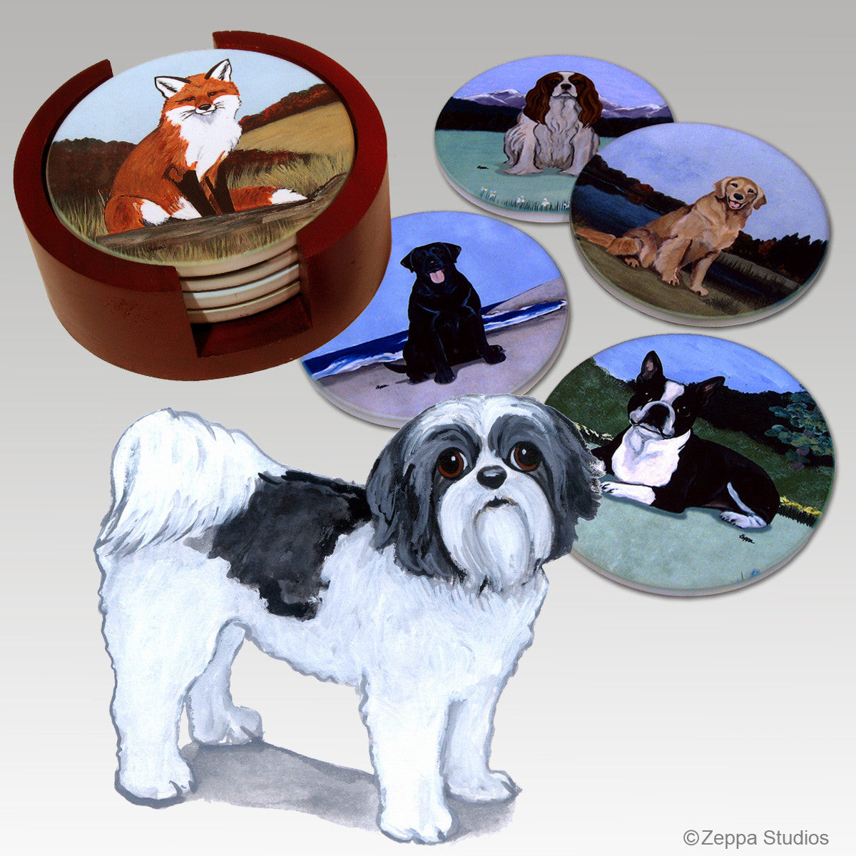 Shih Tzu with a Puppy Clip Bisque Coaster Set